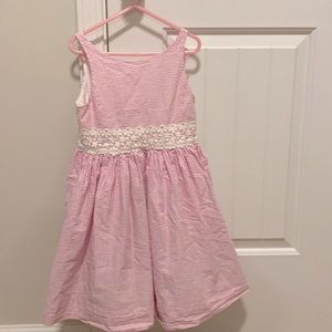 Polo Ralph Lauren Seersucker Dress Pink White 6T. Button and Lace Detail.